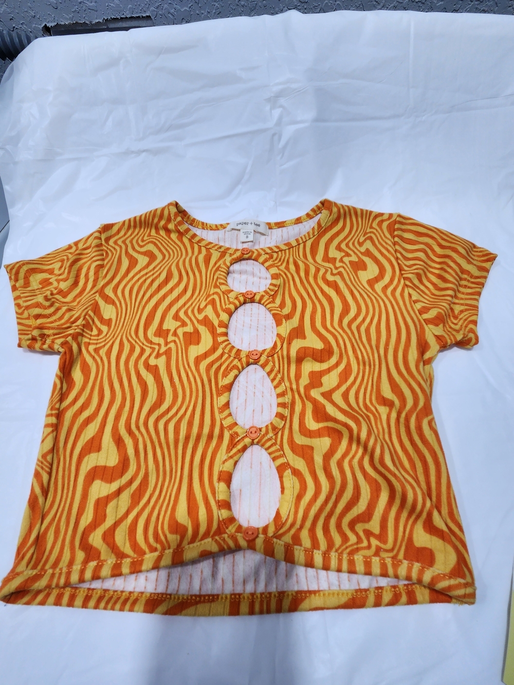 Girls' Orange & Yellow Short Sleeve Patterned Tee with Front Cutouts